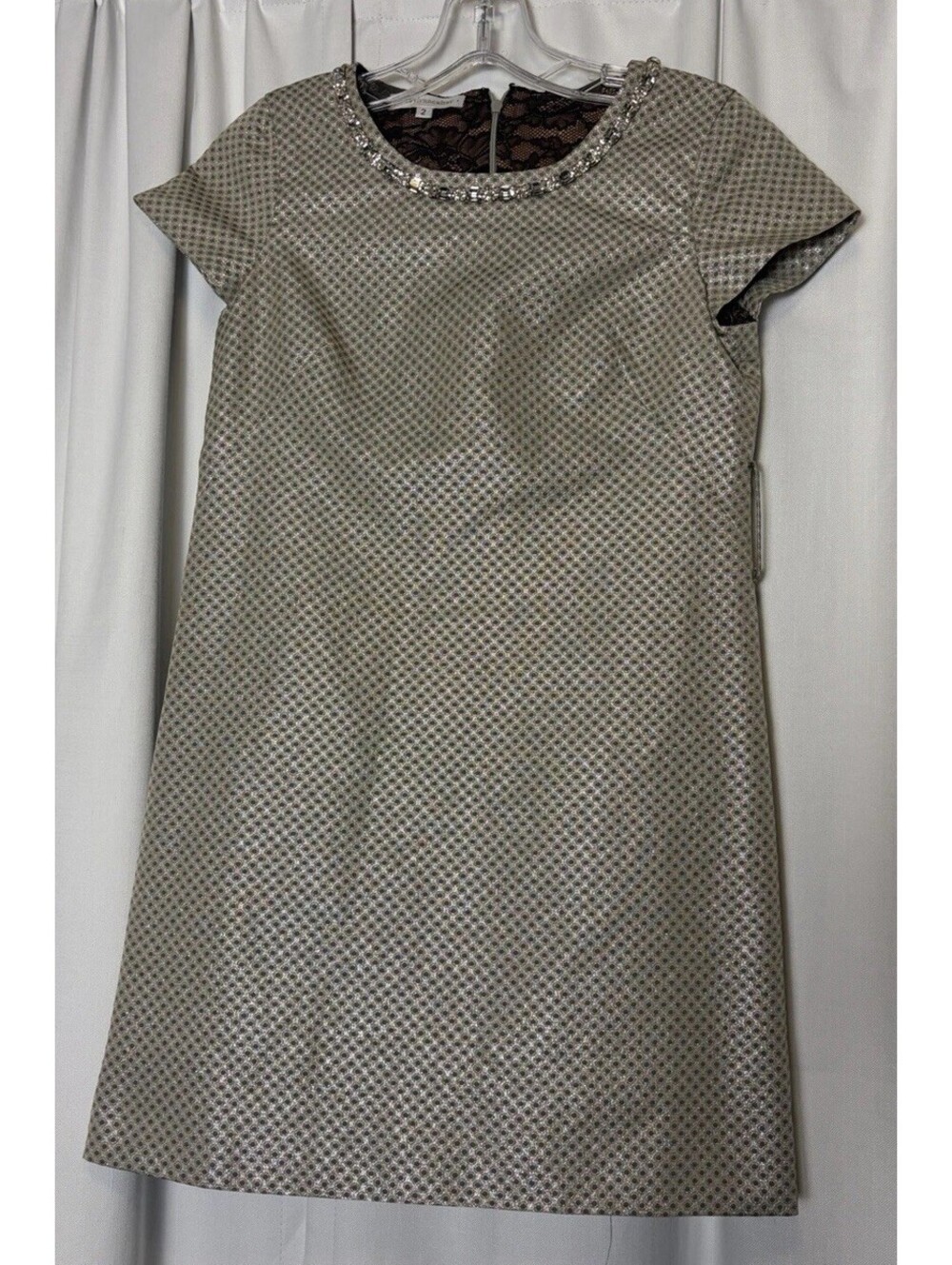 Y2K Corey Lynn Calter Shift Metallic Silver Print Rhinestone Dress Size 2